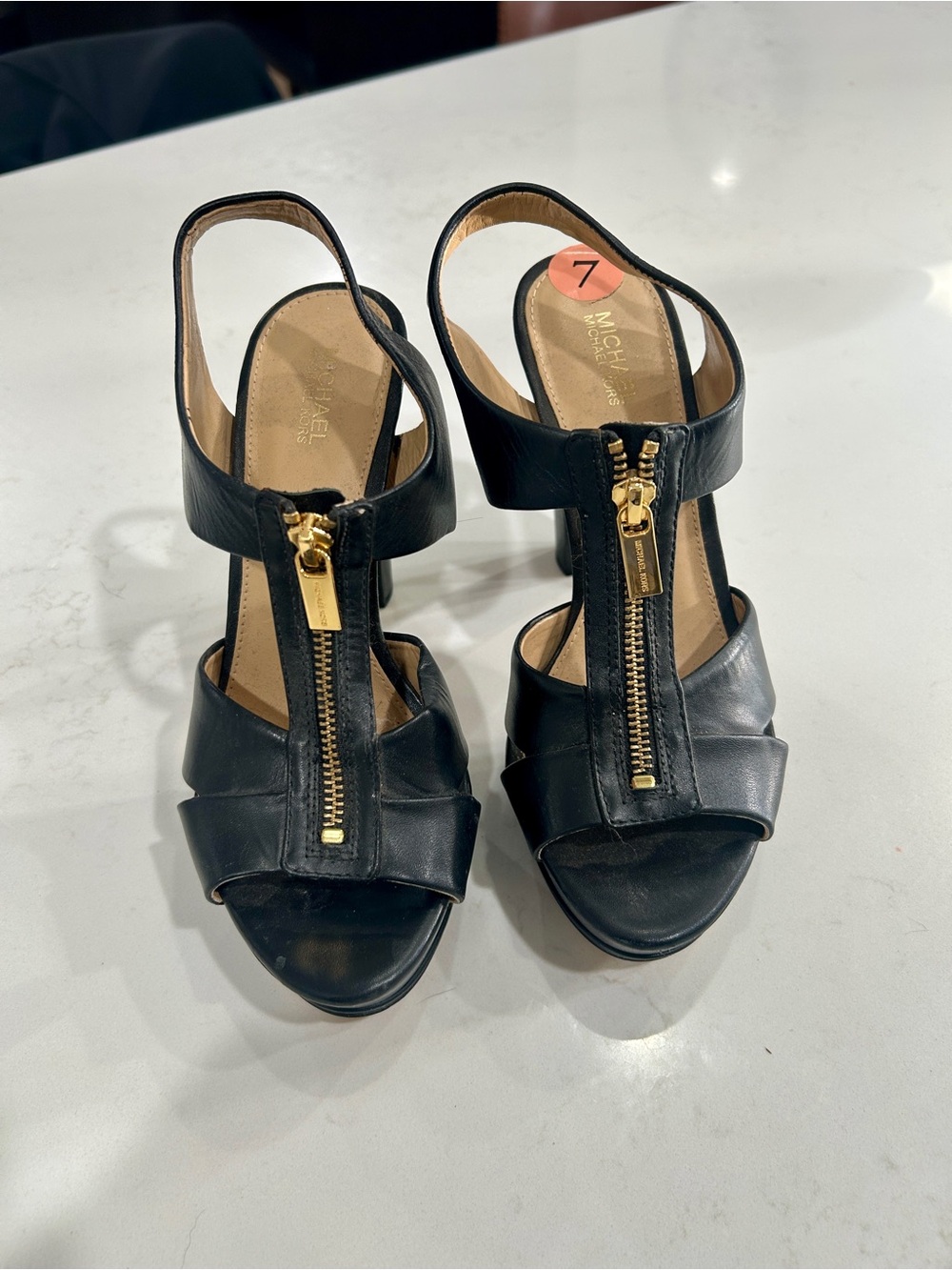 Michael Kors Black Leather Zip-Front Slingback Heels with Gold Hardware